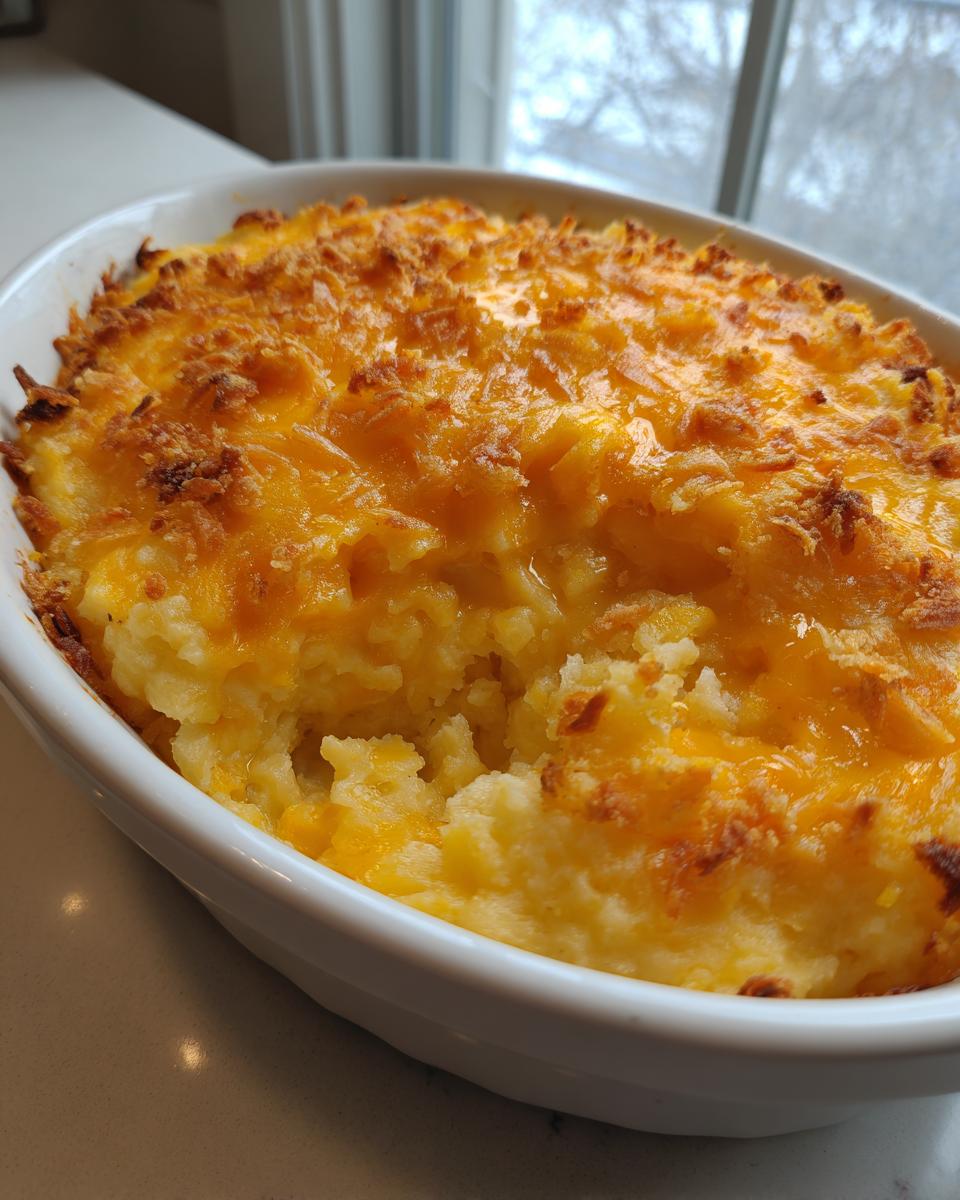 Close-up of cheesy baked mashed potatoes in a white oval dish with a golden, crispy topping.