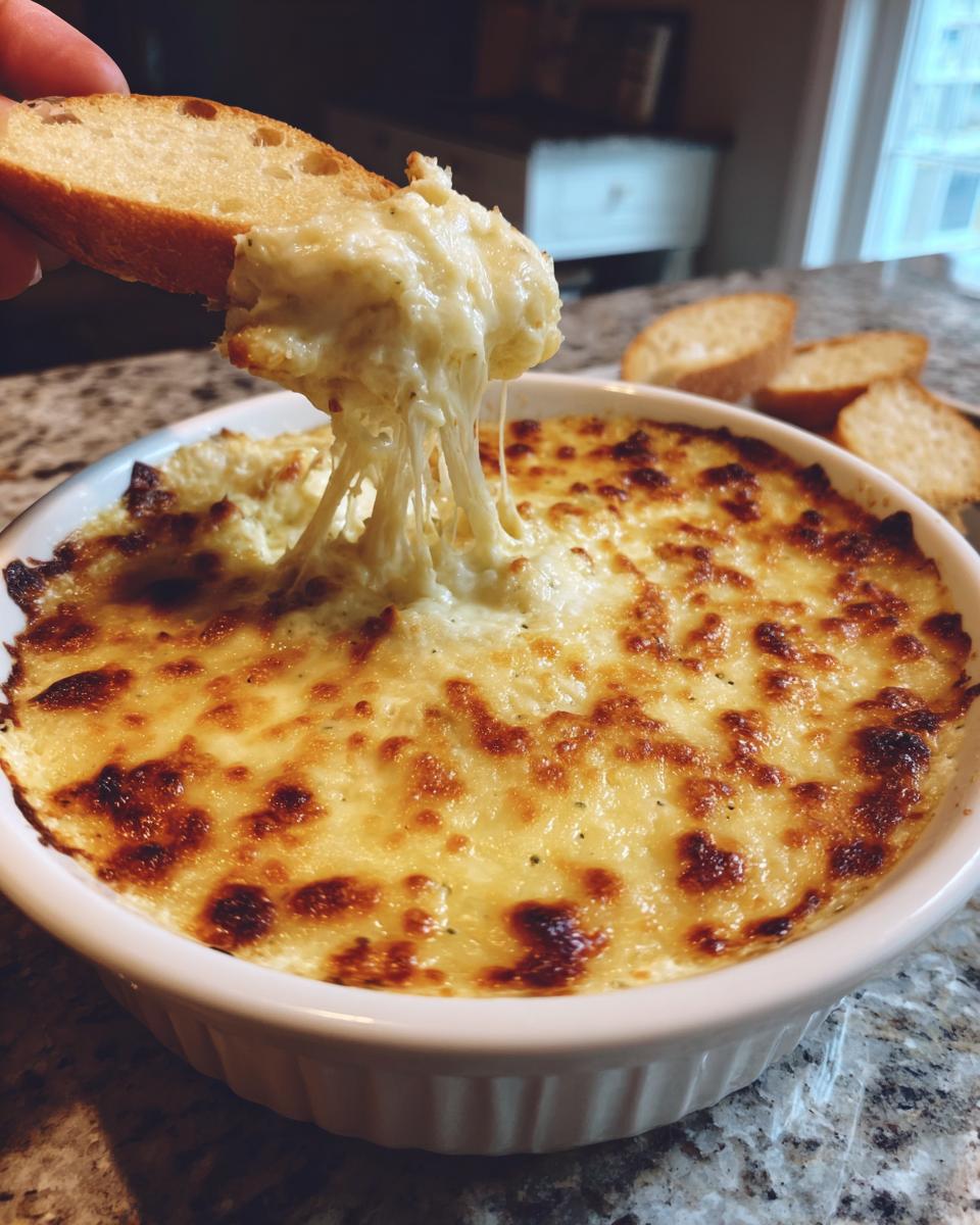 A piece of toasted baguette is pulling a stringy, cheesy portion of hot bread dip from a white ramekin.