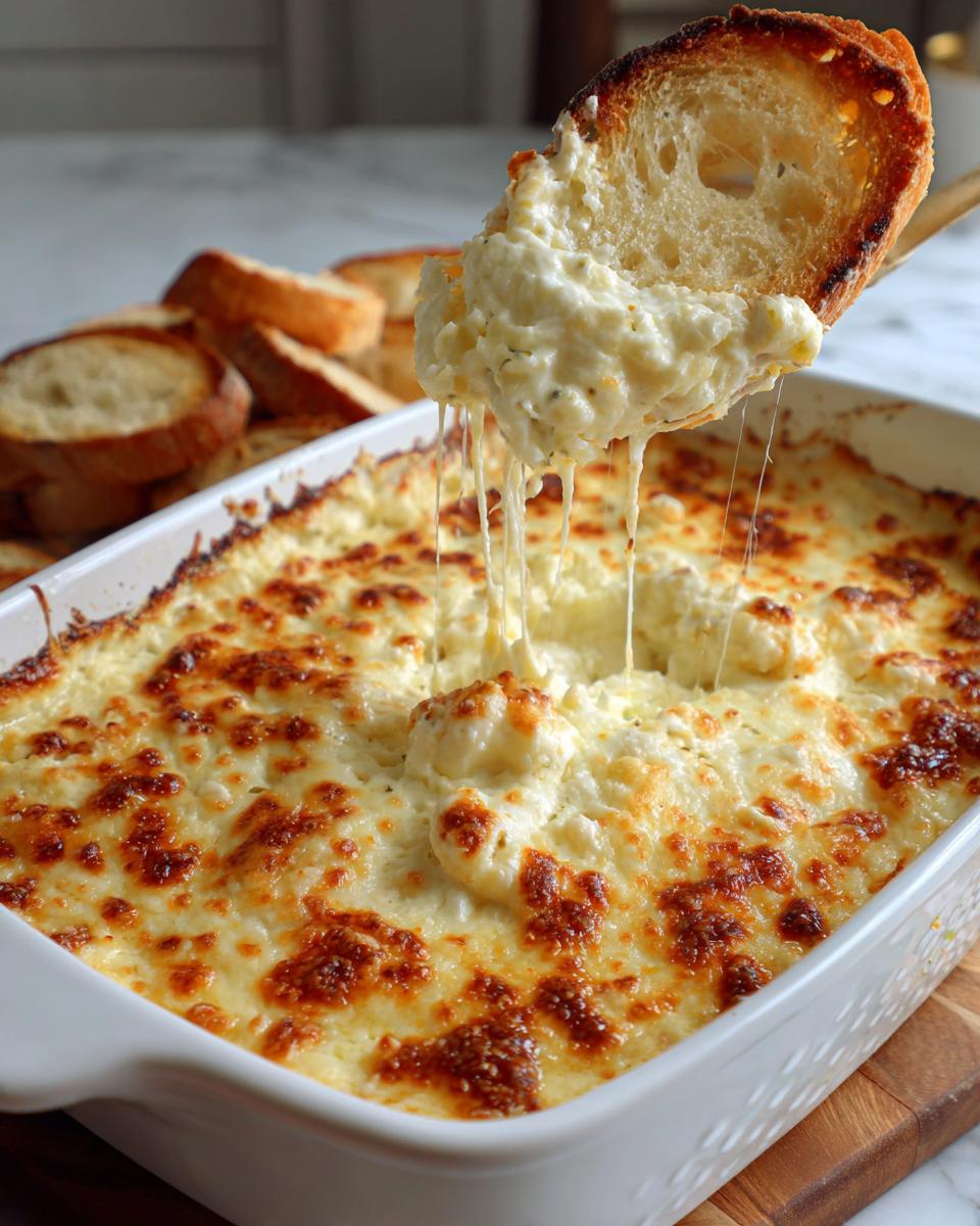 A piece of toasted bread is scooping up a generous portion of hot, cheesy cauliflower bread dip, showing long cheese pulls.