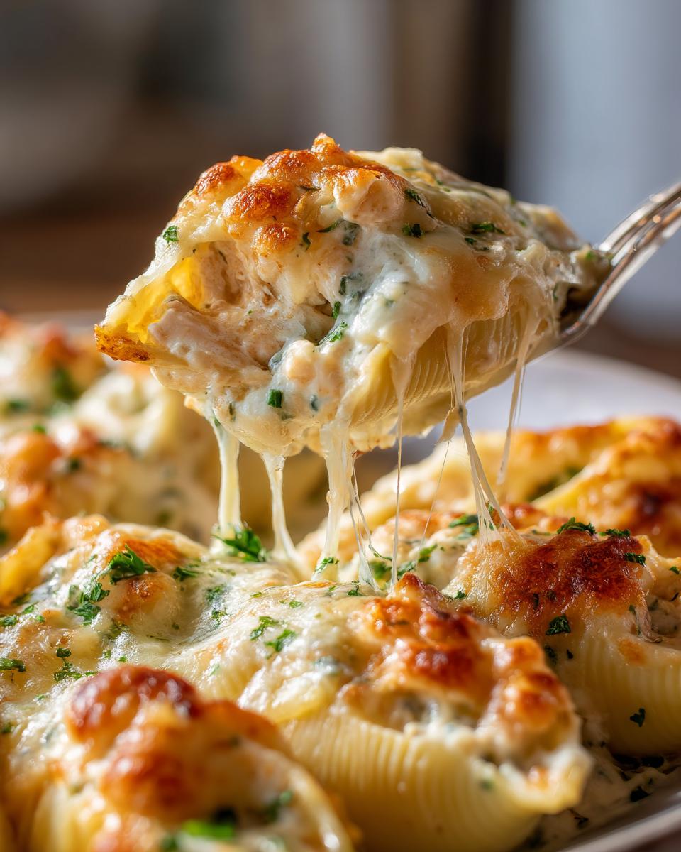 A fork lifts a cheesy portion of chicken alfredo stuffed shells, showing long cheese pulls.