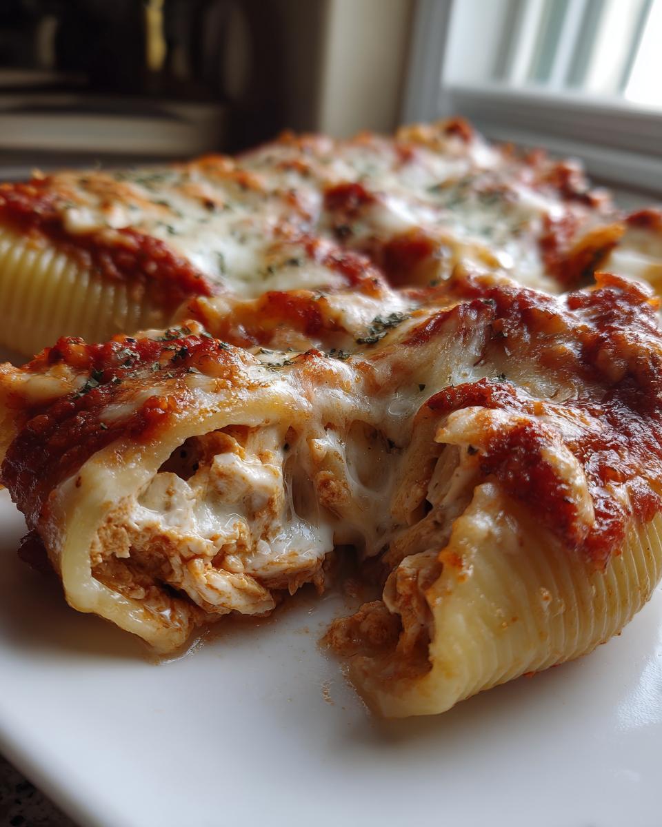 A close-up of a broken open chicken alfredo stuffed shell showing creamy filling and melted cheese.