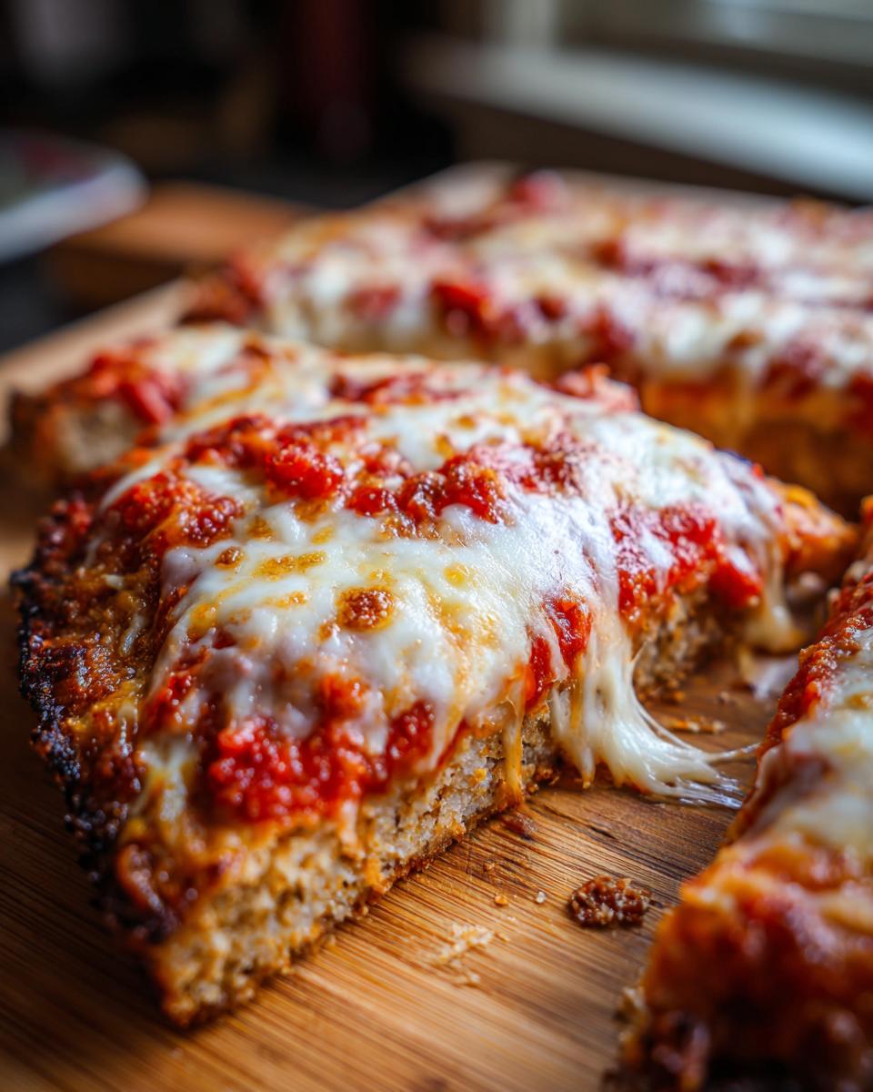 Close-up of a slice of chicken crust pizza showing melted, stretchy mozzarella cheese over rich tomato sauce.