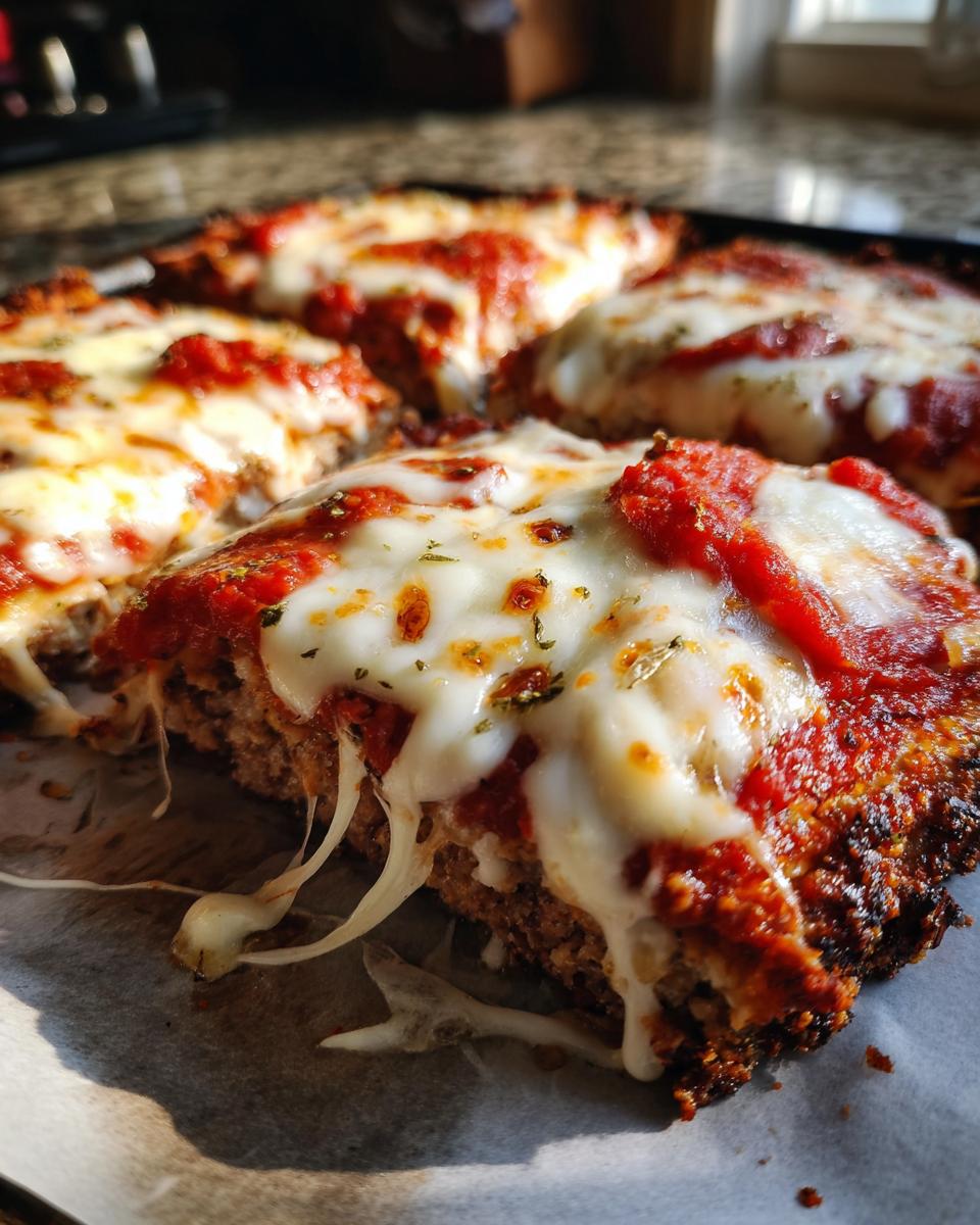 Close-up of cheesy chicken crust pizza slices with melted mozzarella, tomato sauce, and herbs.
