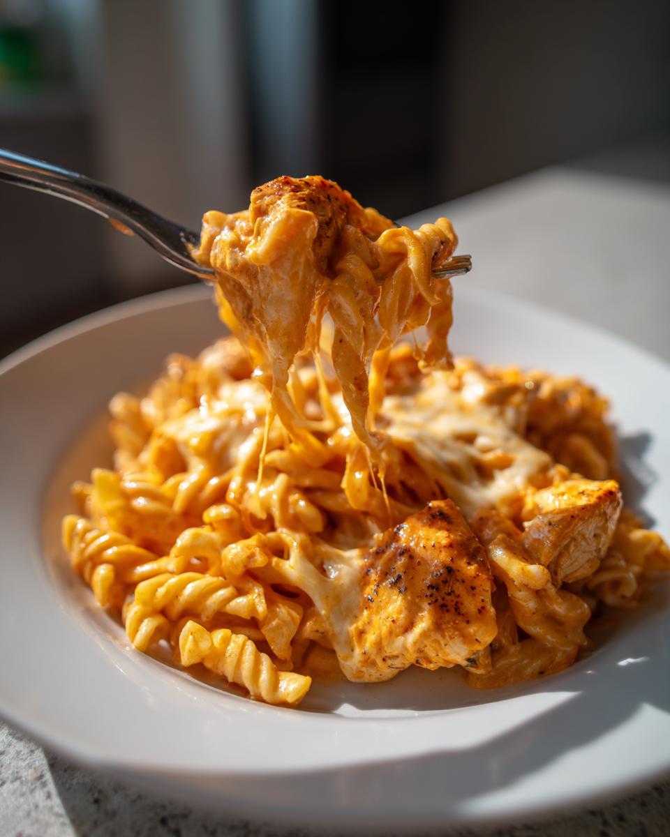 A fork lifts a bite of cheesy chicken pasta, showing long, gooey cheese pulls over rotini pasta and seasoned chicken pieces.