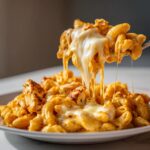 A fork lifts a generous portion of cheesy chicken pasta, showing dramatic, long cheese pulls.