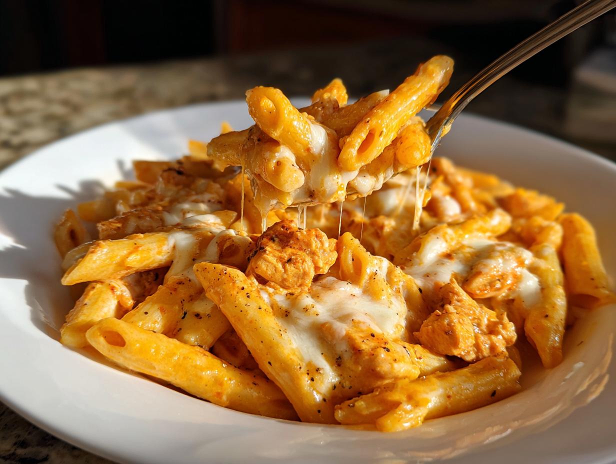 A fork lifting a bite of creamy, cheesy chicken pasta, showing long cheese pulls over a bowl of penne.