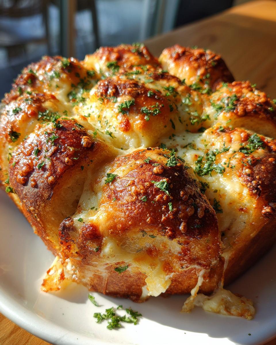 Close-up of cheesy Hawaiian roll garlic bread, golden brown and topped with parsley.