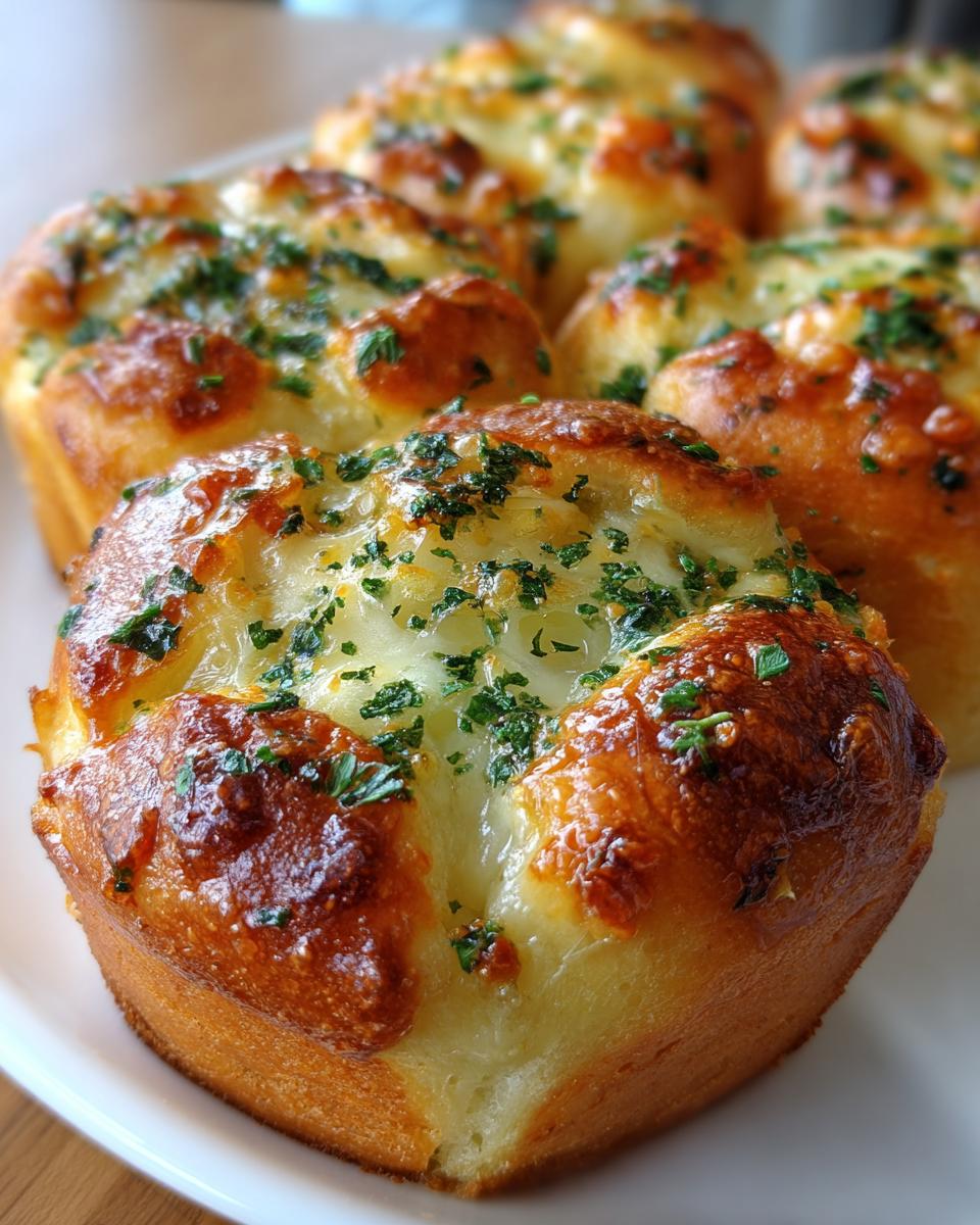 Close-up of baked Hawaiian roll garlic bread topped with melted cheese and fresh parsley.
