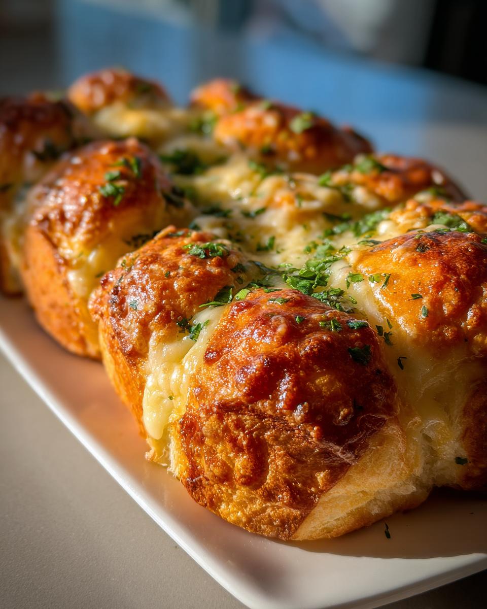 Close-up of golden brown Hawaiian roll garlic bread topped with melted cheese and fresh parsley.