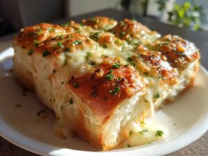 Close-up of cheesy hawaiian roll garlic bread with melted cheese oozing out and sprinkled with parsley.