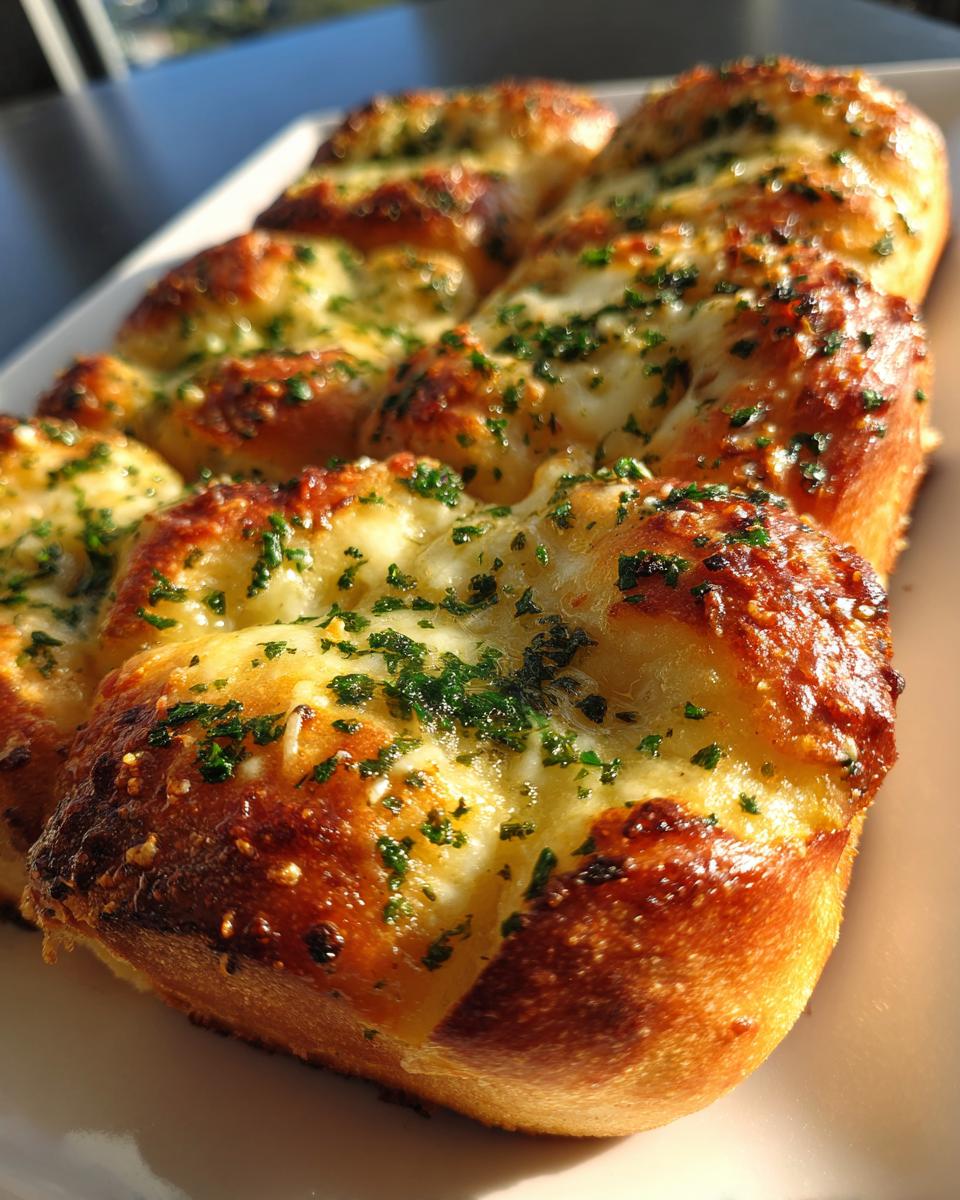 Close-up of baked Hawaiian roll garlic bread topped with melted cheese and fresh parsley.