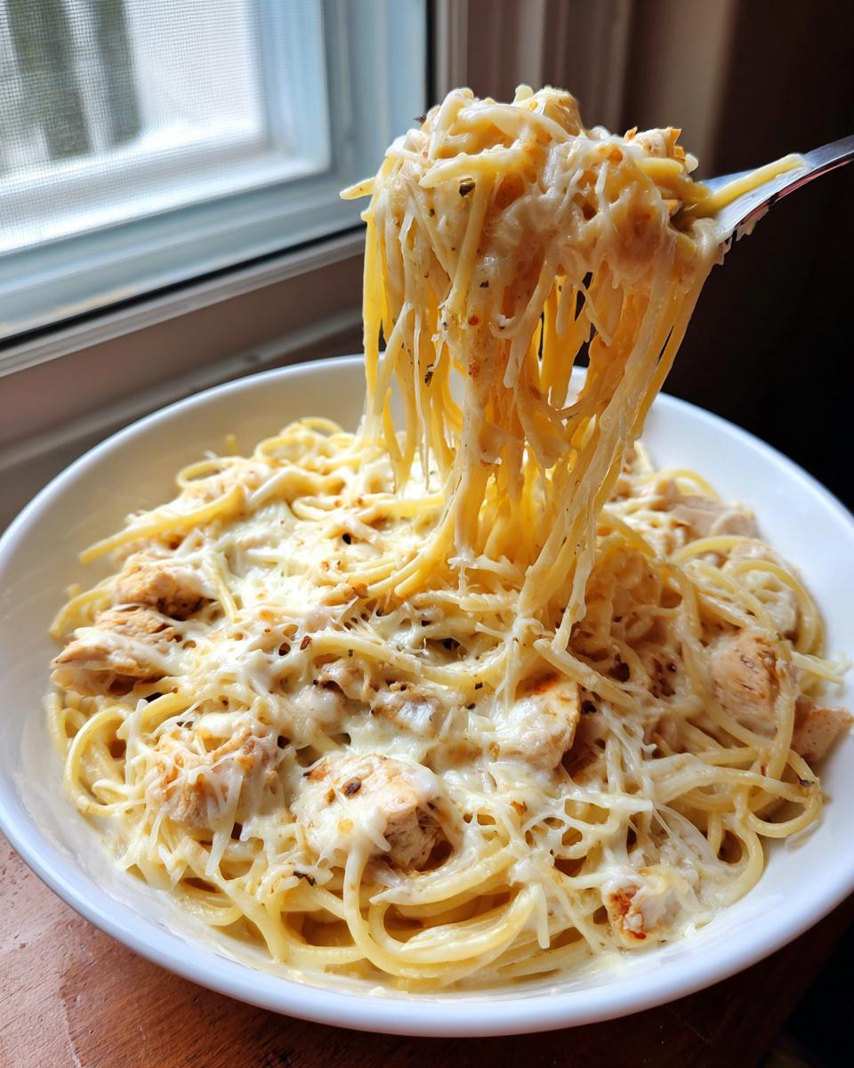 A fork lifting a large tangle of cheesy Monterey chicken spaghetti out of a white bowl.