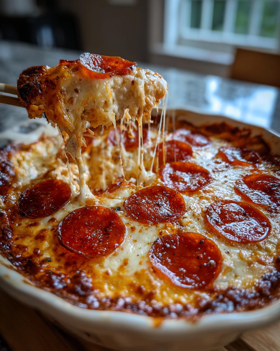 A serving of hot pepperoni pizza dip being lifted out of the dish, showing long, stretchy cheese pulls.