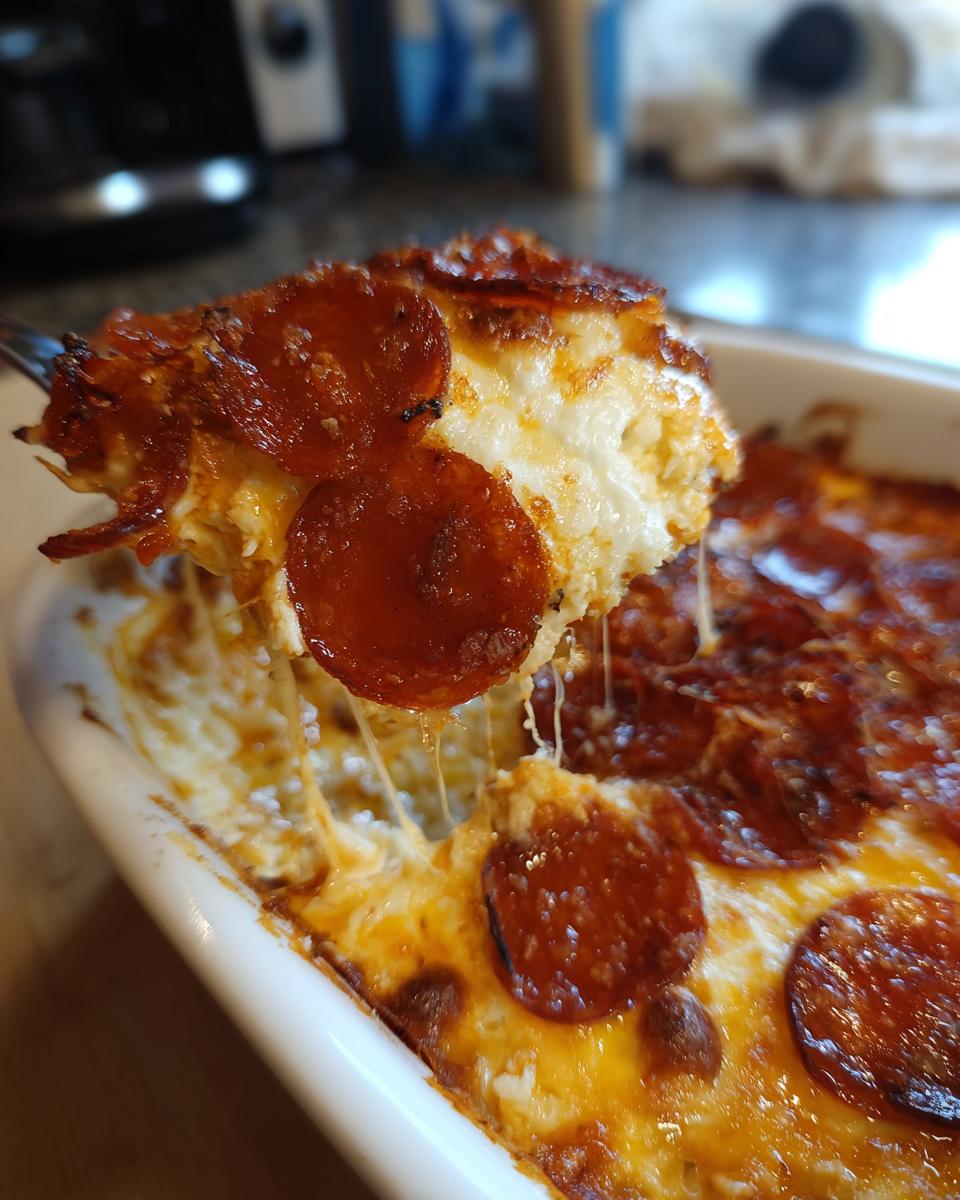 A spoonful of hot, cheesy pepperoni pizza dip being lifted from a white baking dish, showing cheese pull.