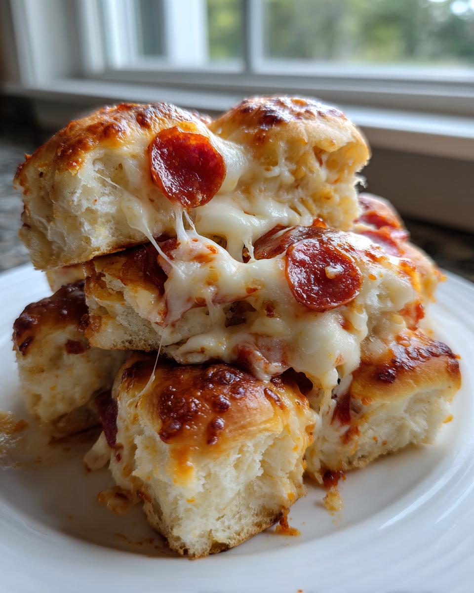 A stack of gooey, cheesy pizza sliders with pepperoni, showing melted cheese stretching between the pieces.