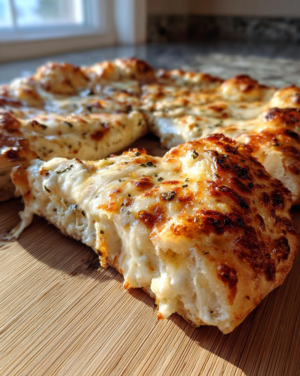 Close-up of a cheesy slice being pulled from a freshly baked white pizza on a wooden cutting board.