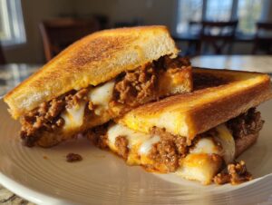Two halves of a cheesy texas toast sloppy joes sandwich stacked on a white plate, showing melted cheese and meat filling.