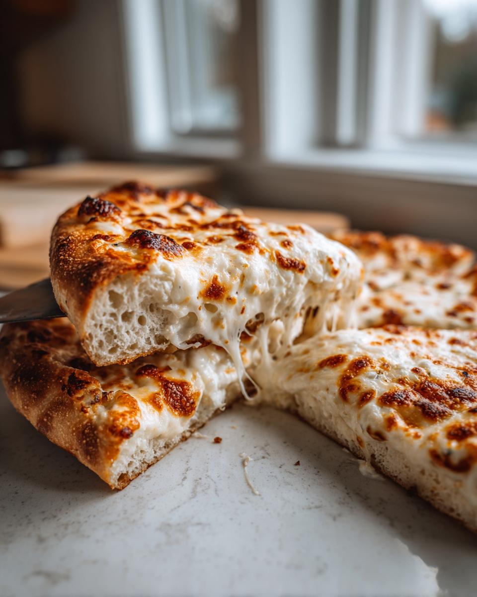 A slice of thick-crust white pizza being lifted, showing extreme cheese pull and bubbly, browned topping.