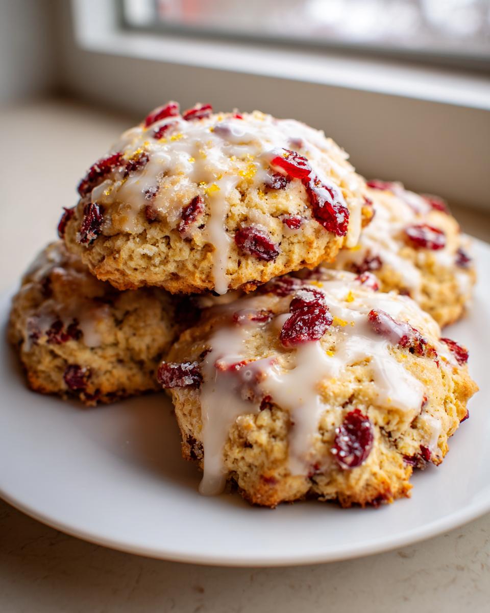A stack of chewy cranberry orange cookies topped with white citrus glaze and orange zest.