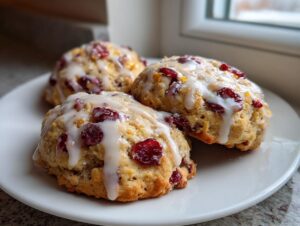 Three chewy cranberry orange cookies topped with a thick white glaze, sitting on a white plate.