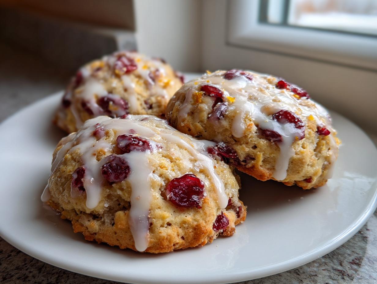 Three chewy cranberry orange cookies topped with a thick white glaze, sitting on a white plate.