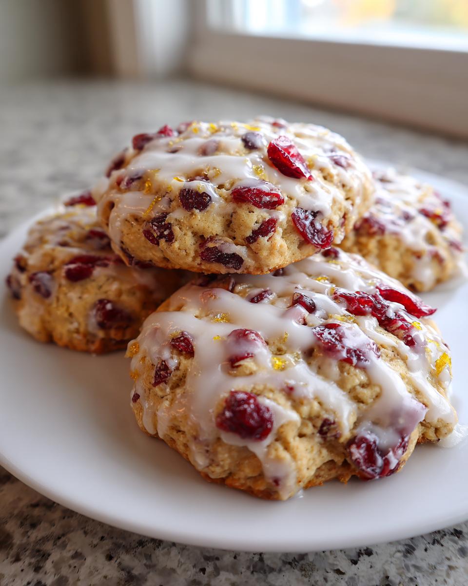 A stack of chewy cranberry orange cookies topped with a thick white glaze and dried cranberries.