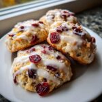 Four delicious cranberry orange cookies topped with white glaze, dried cranberries, and coarse sugar.