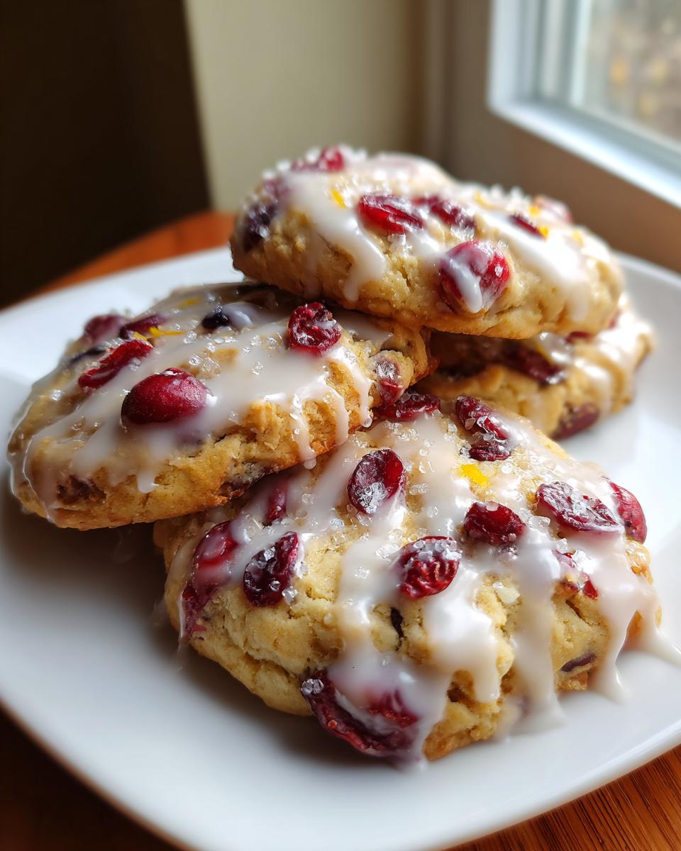 A stack of three chewy cranberry orange cookies topped with white glaze, dried cranberries, and coarse sugar.