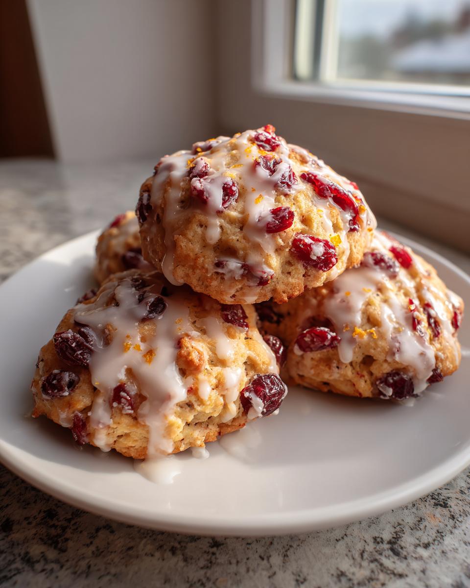 A stack of four chewy cranberry orange cookies topped with white glaze and orange zest.