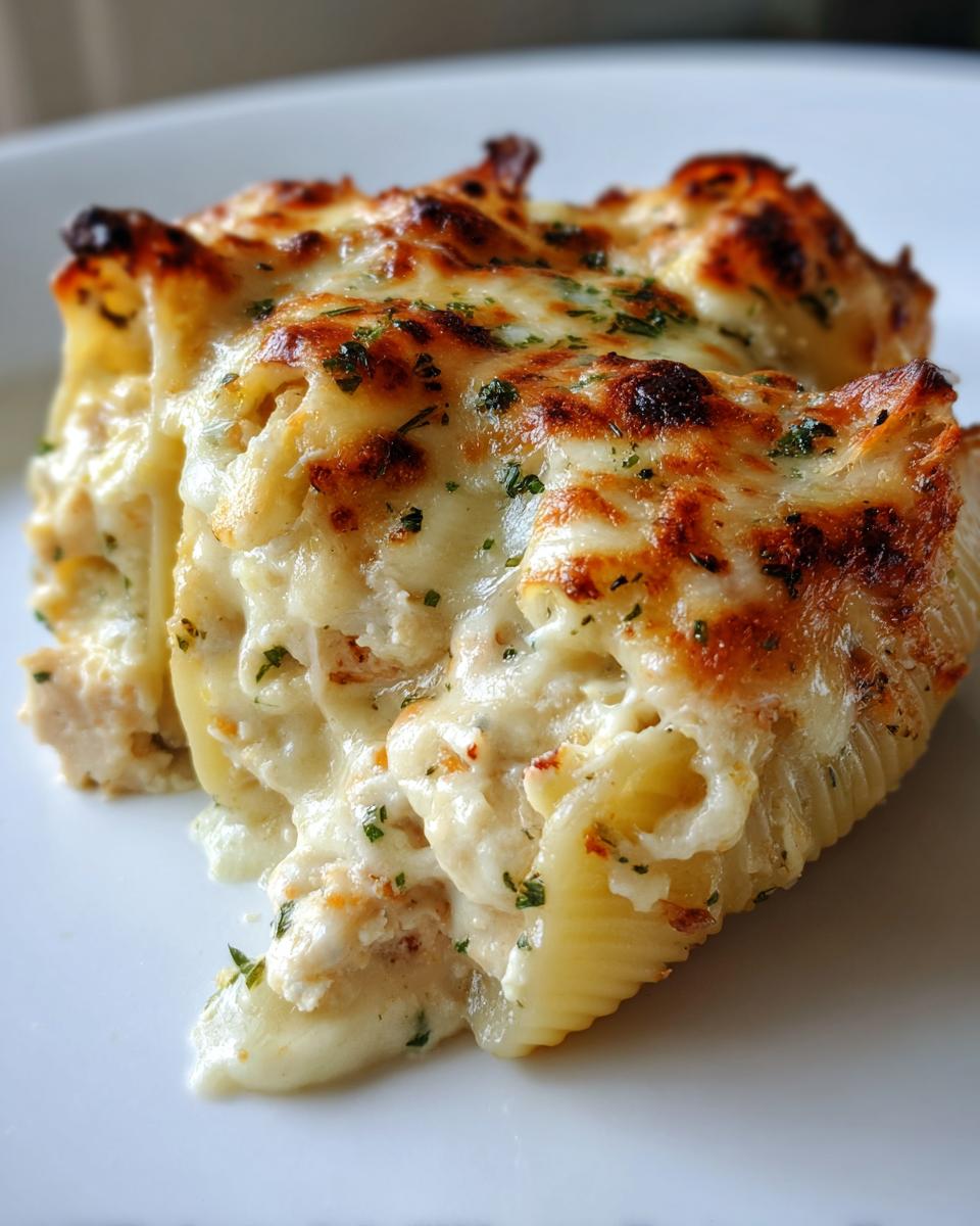 Close-up of baked chicken alfredo stuffed shells with bubbly, browned cheese topping and parsley.