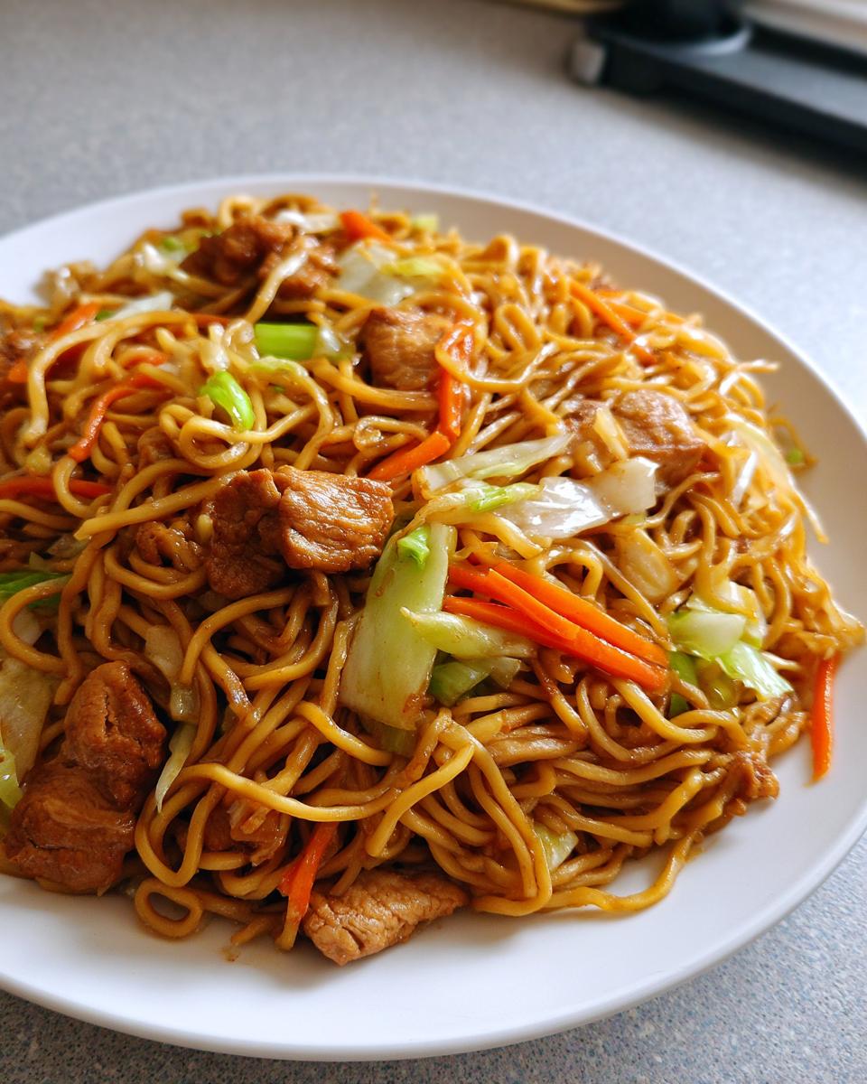 A close-up of a heaping plate of homemade chicken chow mein recipe with noodles, chicken pieces, carrots, and cabbage.