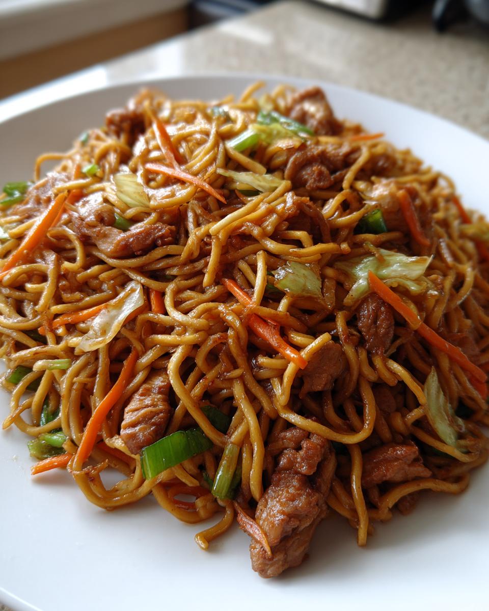 A close-up of a white plate filled with savory chicken chow mein recipe, mixed with carrots and green onions.