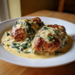 Two golden-brown chicken breasts covered in a creamy sauce with wilted spinach, classic chicken florentine.