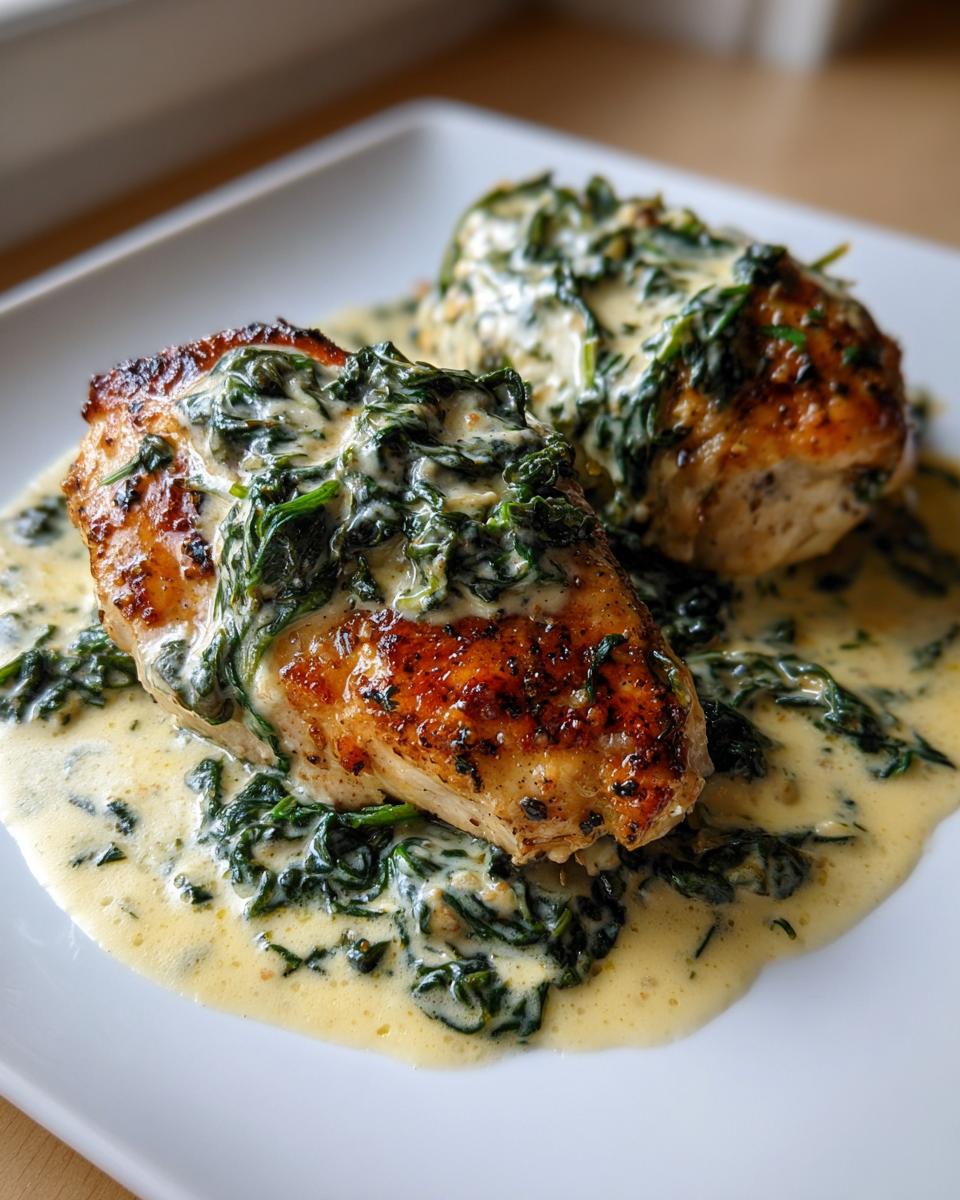 Two golden-brown chicken breasts smothered in a creamy sauce with wilted spinach, representing Chicken Florentine.