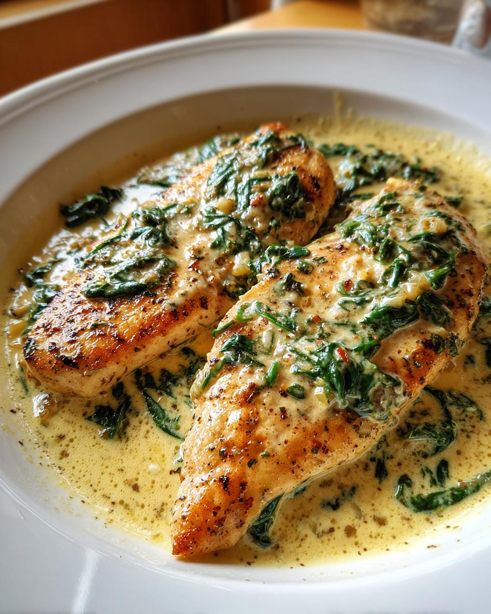 Two golden-brown chicken breasts covered in a creamy sauce with wilted spinach, representing Chicken Florentine.