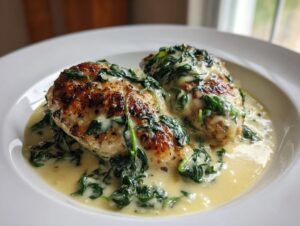 Two golden-brown chicken breasts topped with creamy spinach, served in a rich sauce for chicken florentine.