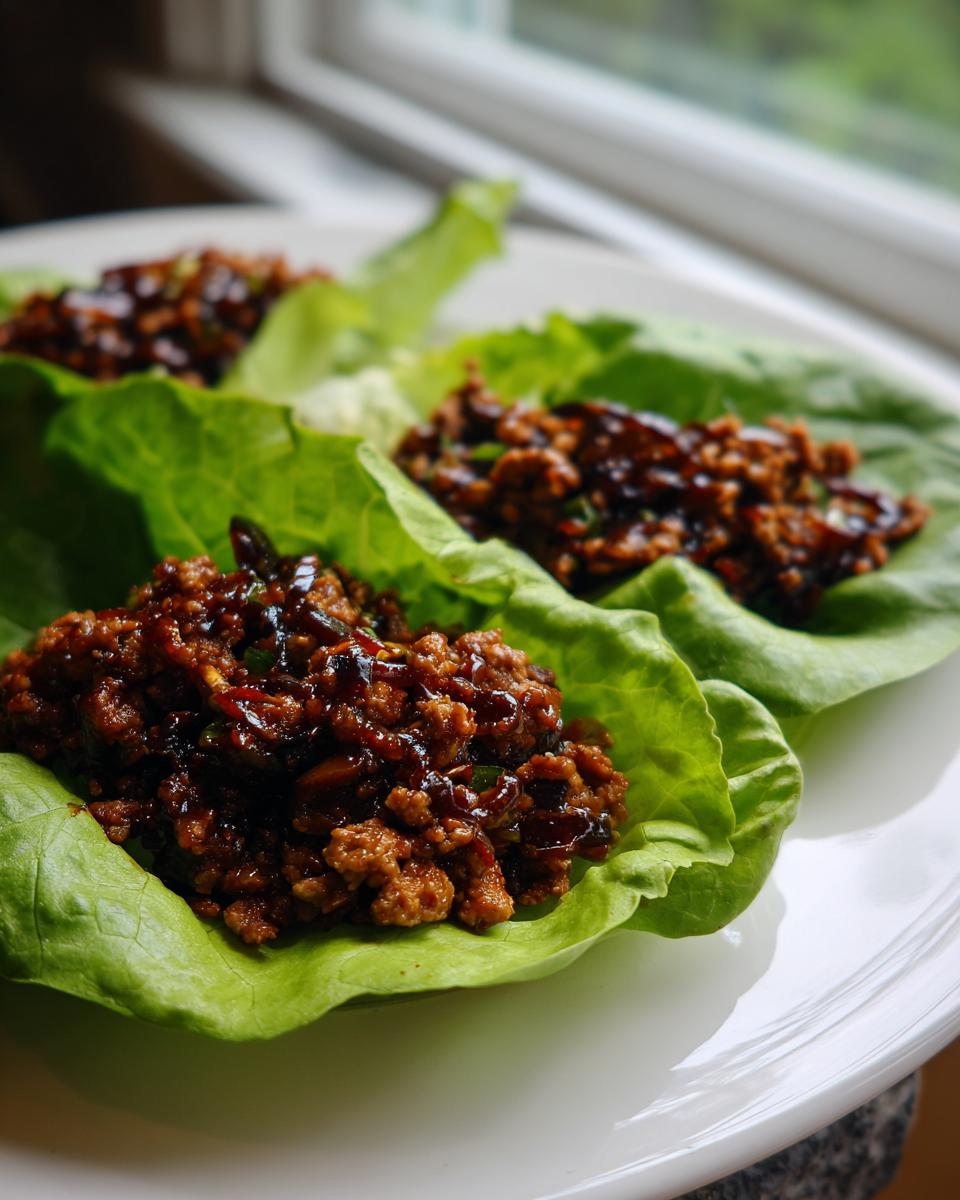 Three servings of savory chicken lettuce wraps filled with dark, glazed ground chicken mixture.