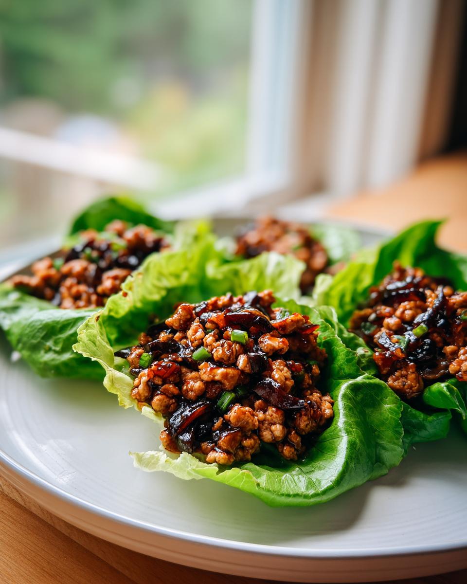 Four servings of savory chicken lettuce wraps filled with ground chicken mixture on a white plate.