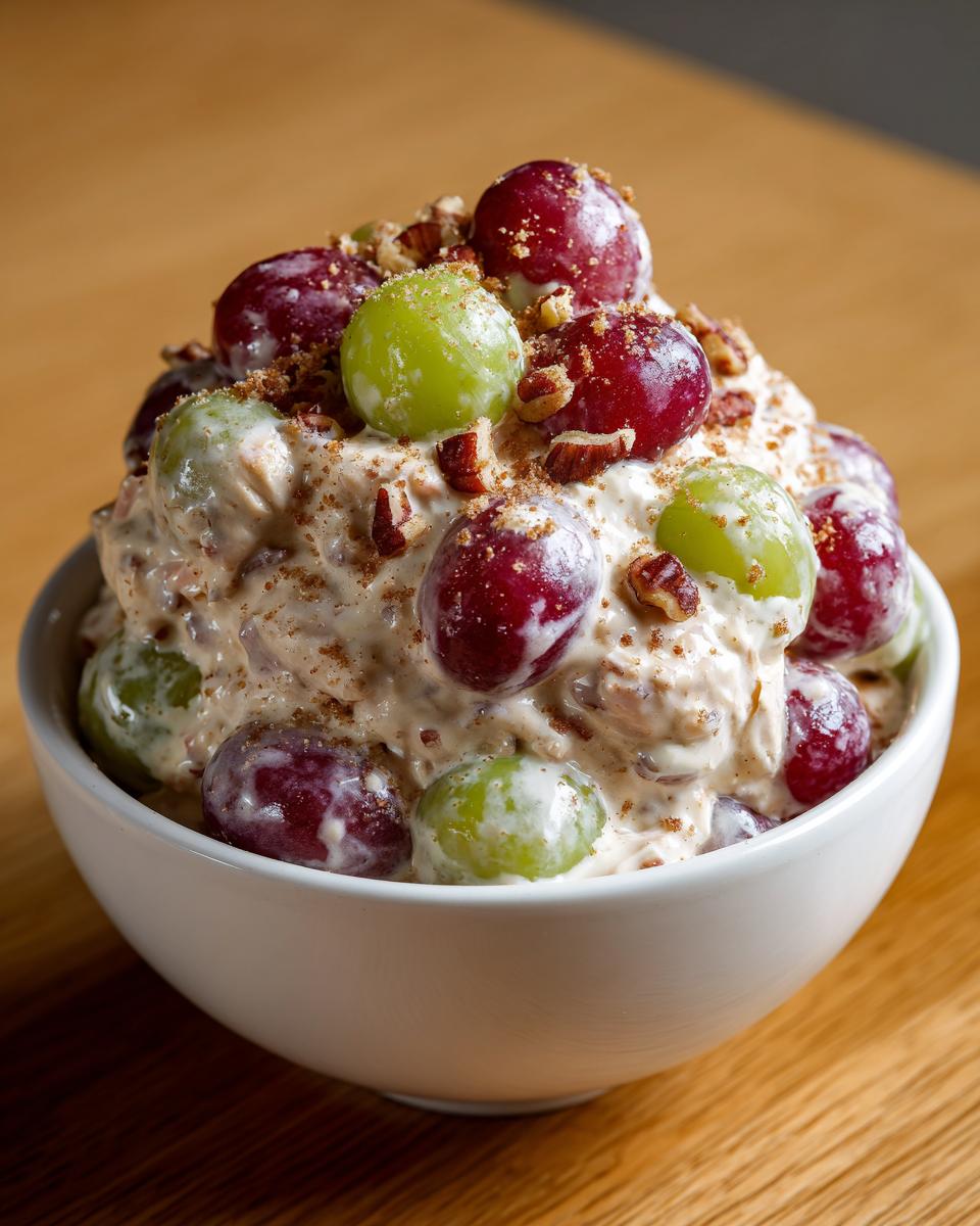 A white bowl filled with creamy chicken salad chick grape salad, topped with red and green grapes, pecans, and cinnamon.