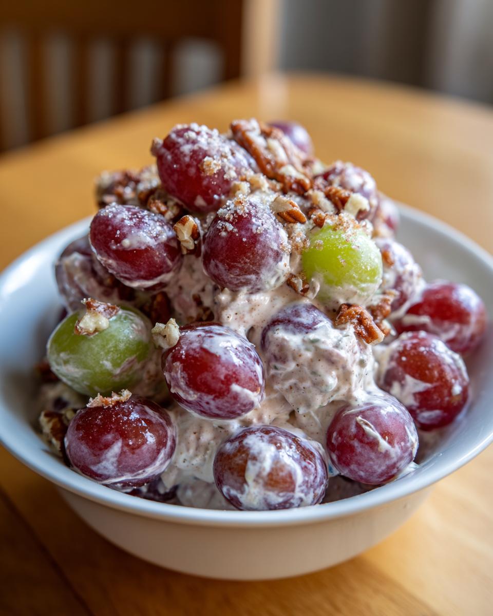 A white bowl filled with creamy chicken salad chick grape salad, topped with pecans and sprinkled sugar.