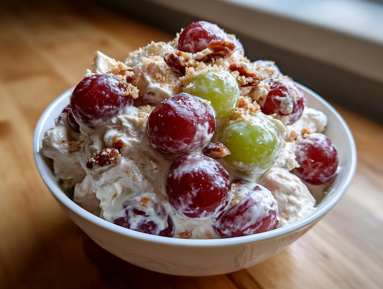 A creamy bowl of chicken salad chick grape salad, topped with red and green grapes and crushed pecans.