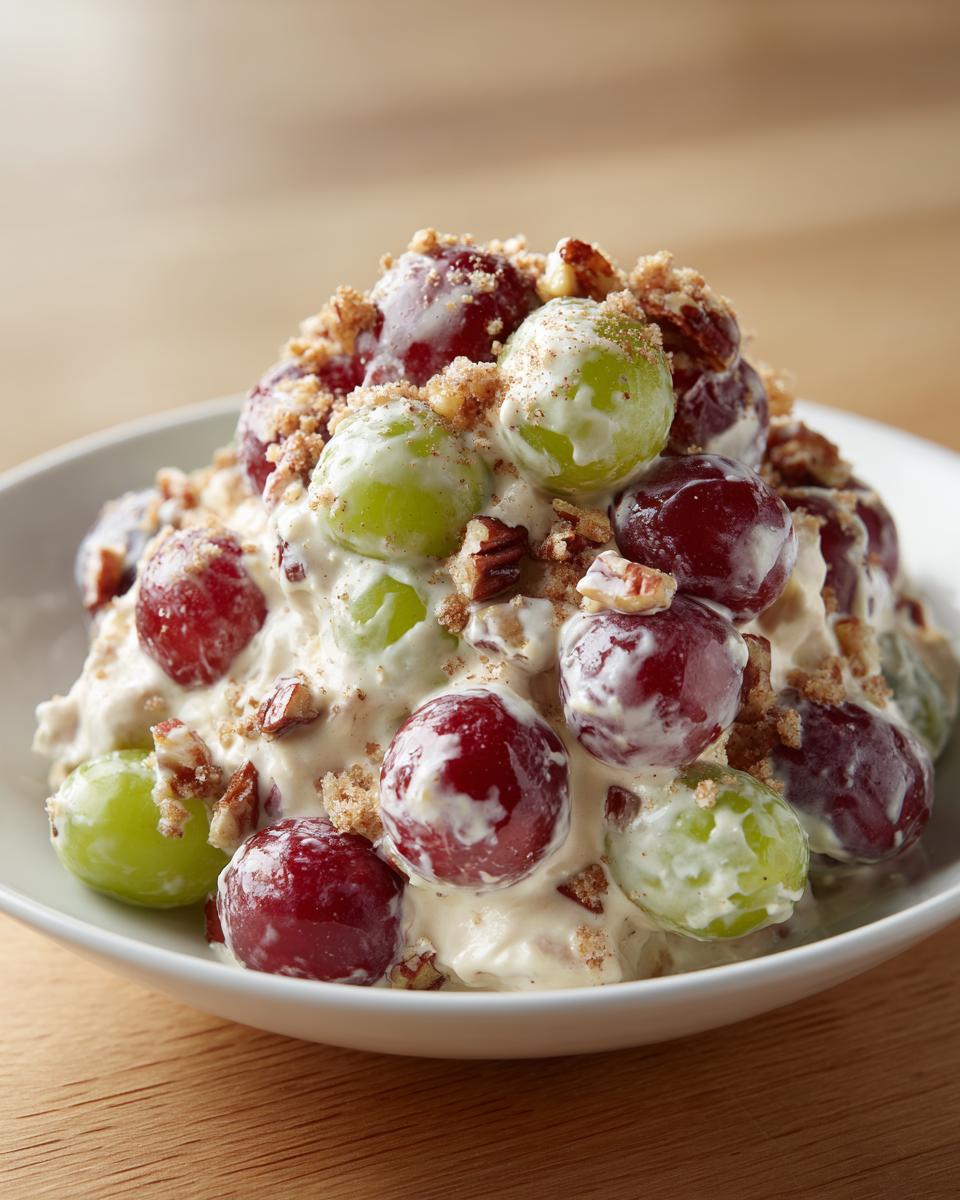 Close-up of creamy chicken salad chick grape salad featuring red and green grapes coated in dressing and topped with chopped pecans.