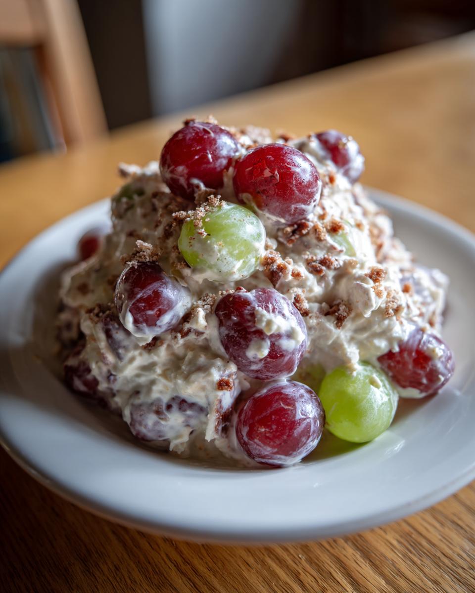 A serving of creamy chicken salad chick grape salad topped with red and green grapes and brown crumbs.