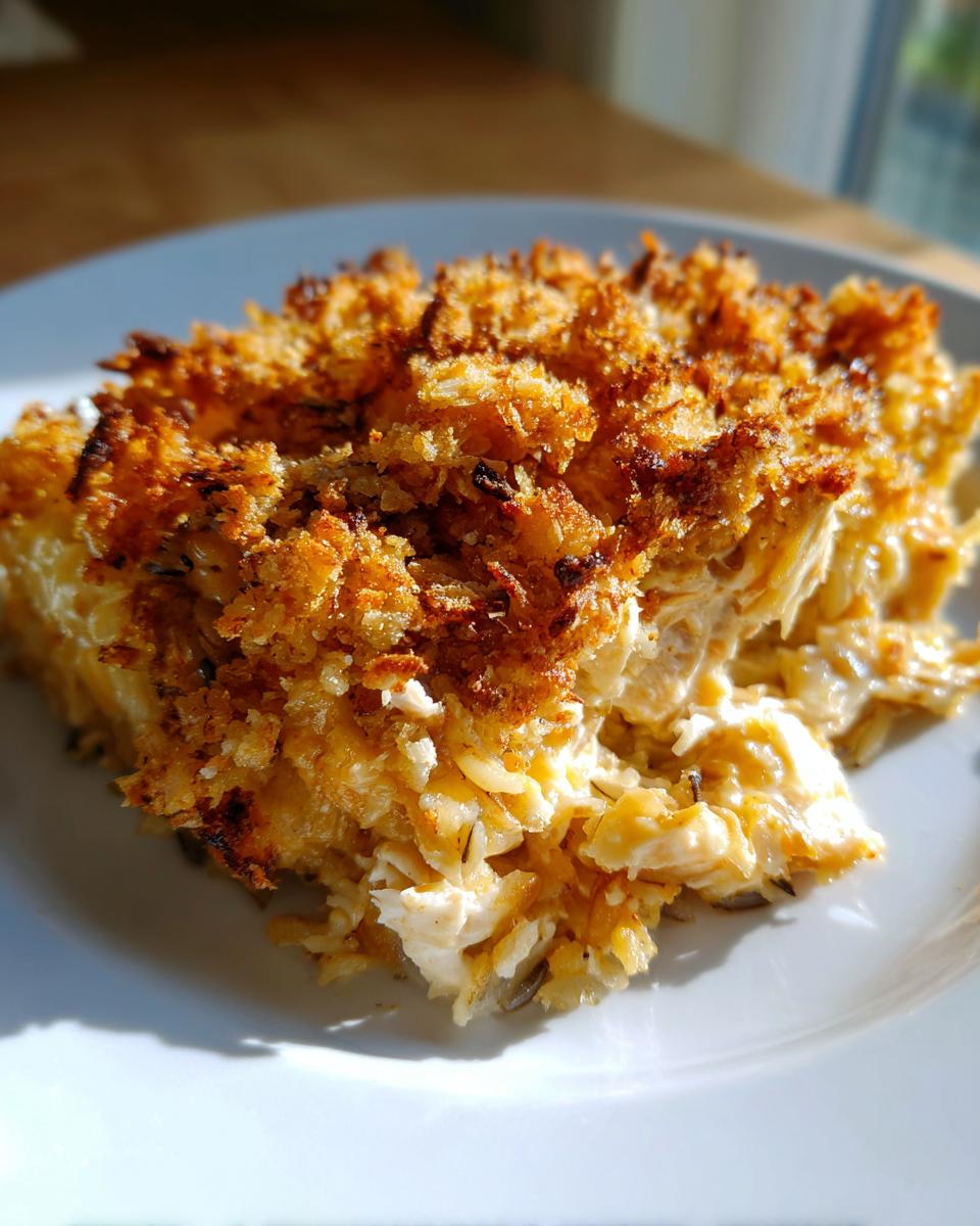 A close-up serving of creamy chicken wild rice casserole featuring a golden brown, crunchy topping.