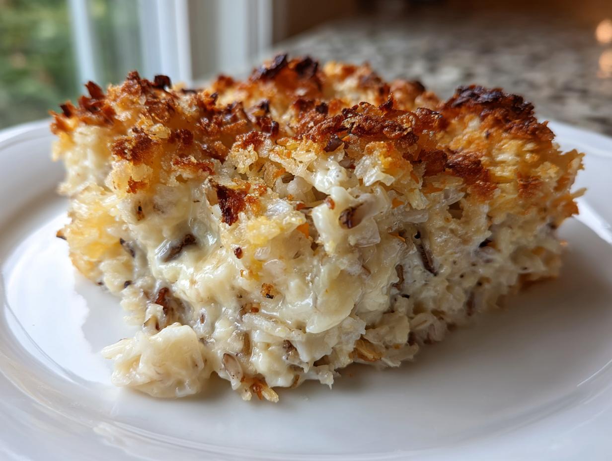 A square serving of creamy chicken wild rice casserole with a golden brown, crispy topping, served on a white plate.