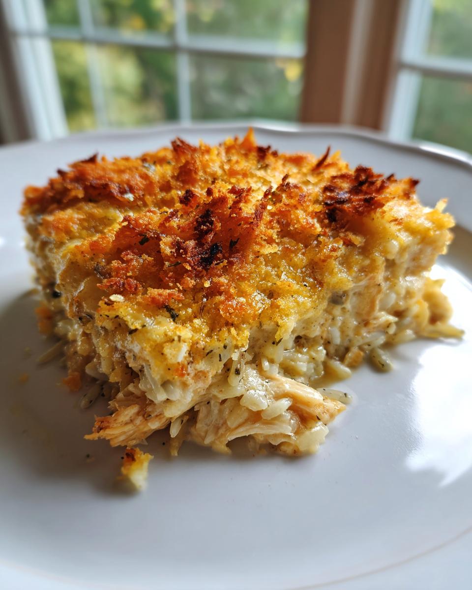 A square serving of creamy chicken wild rice casserole with a thick, golden-brown, crispy topping on a white plate.