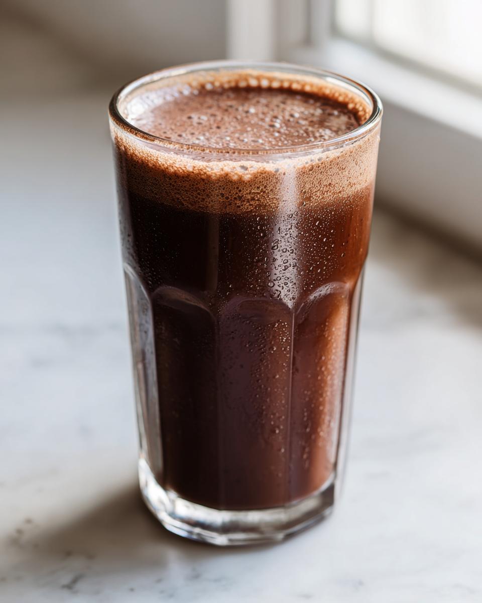 A tall, chilled glass filled with dark, frothy chocolate milk sitting on a white marble surface.