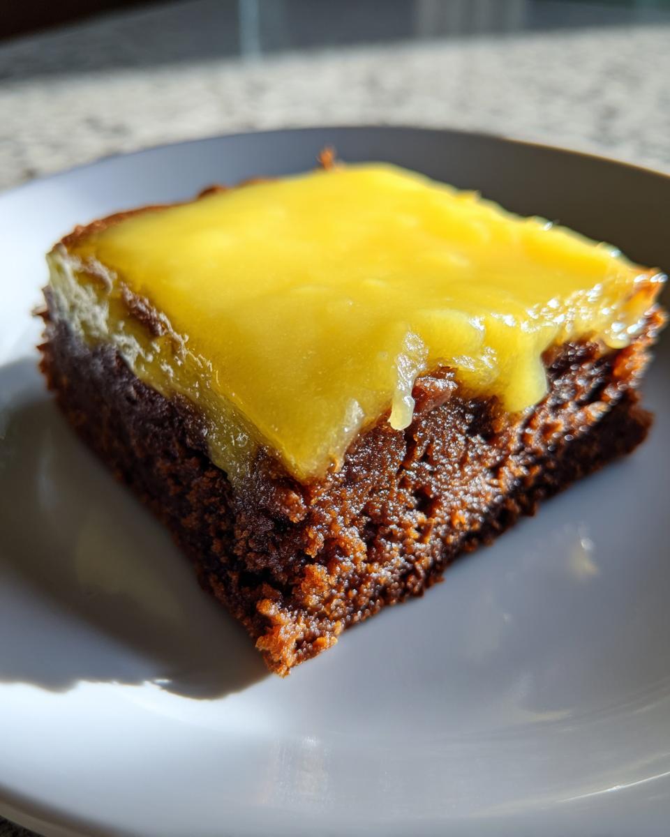 A single square of rich, dark chocolate lemon brownies topped with a thick, bright yellow lemon glaze.