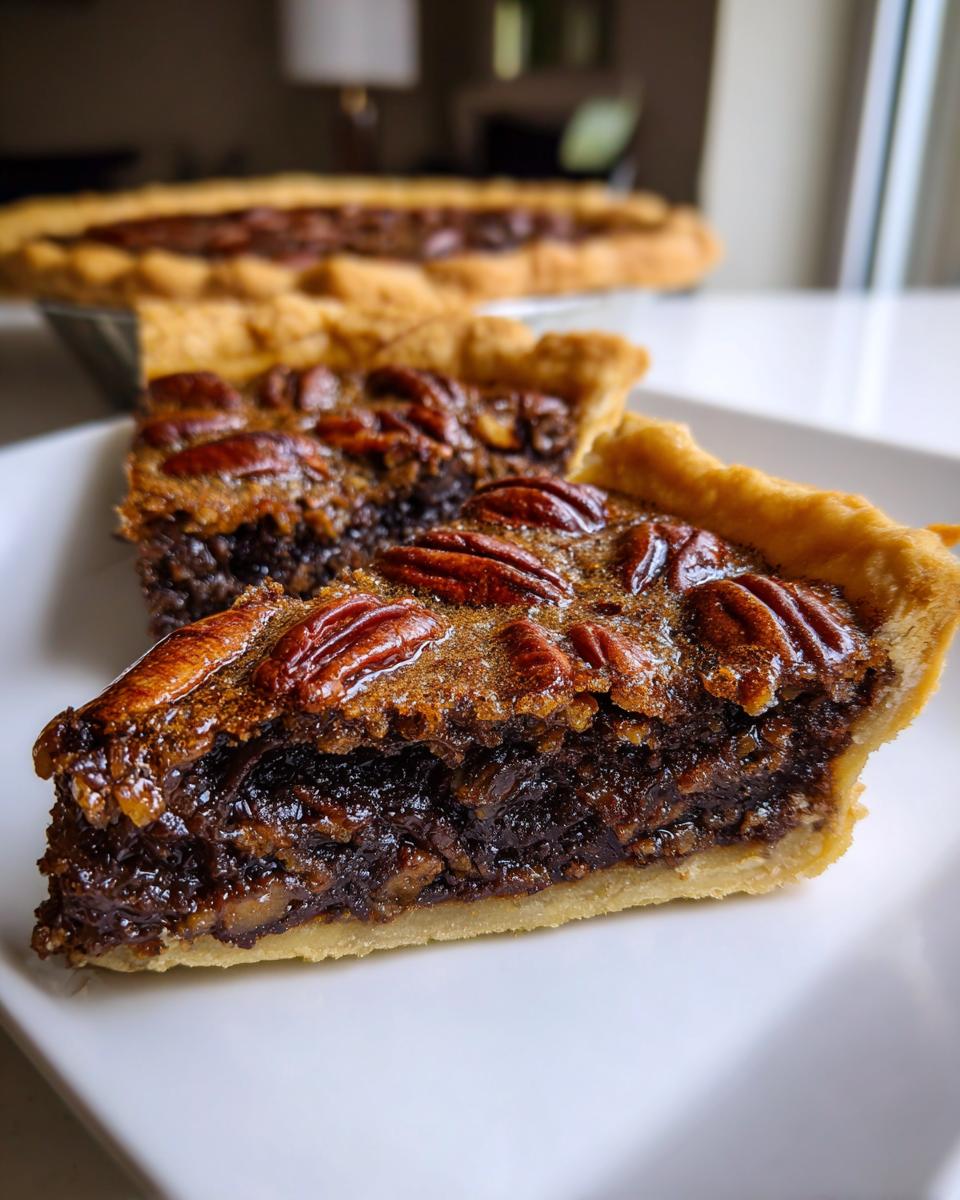 Close-up of a thick slice of chocolate pecan pie showing the gooey filling and whole pecans on top.