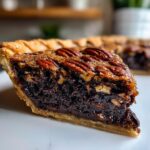 Close-up of a rich, dark slice of chocolate pecan pie with a flaky crust and whole pecans on top.